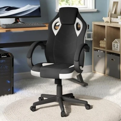 Afbeelding van WOLTU BS142ws Gamingstoel, ademend, draaibaar, ergonomisch, belastbaar tot 150 kg, met kussen, armleuningen, in hoogte verstelbaar, gevoerd, mesh stof, wit