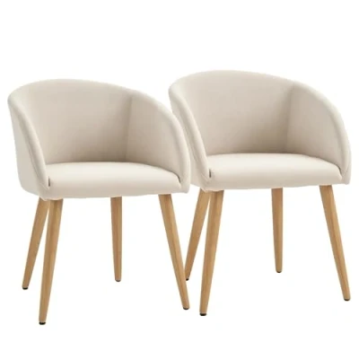 Afbeelding van HOMCOM Eetkamerstoelen, keukenstoel, Scandinavisch design, schuine poten, hout, rubber, ergonomische armleuningen, linnenlook, beige, 2 stuks