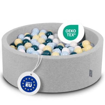 Afbeelding van KiddyMoon 90 x 30 cm/200 ballen met een diameter van 7 cm, rond, lichtgrijs: donkerturquoise/pastelblauw/pastelgeel/wit