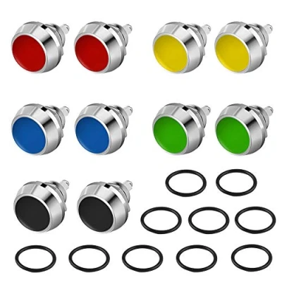 Afbeelding van QitinDasen 10 stuks premium 12 mm momentane 2 polige drukknopschakelaar, metalen waterdichte drukknop schakelaar SPST (5 kleuren)