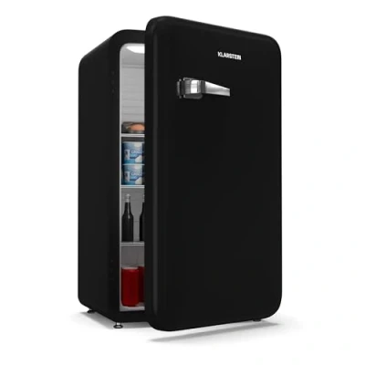 Afbeelding van Klarstein Audrey Evo 90L Retro Mini Kühlschrank Leise 40 dB, Kompakter Klein mit Verstellbaren Füßen, Wendetür, Mechanischem Thermostat, Schwarz