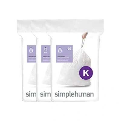 Afbeelding van simplehuman CW0260 code K Custom Fit Bin Liner Bulk Pack, wit kunststof (3 Pack van 20, totaal 60 voeringen)