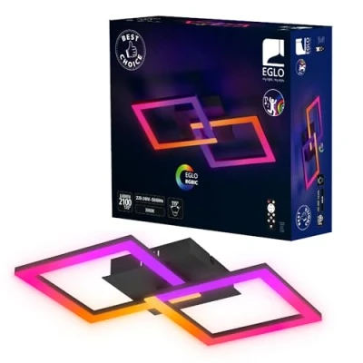 Afbeelding van EGLO RGBIC led plafondlamp, geometrische plafondlamp met lichteffecten, decoratie voor kantoor, gaming en feest, veelkleurige spot afstandsbediening, warm wit RGB, zwart metaal