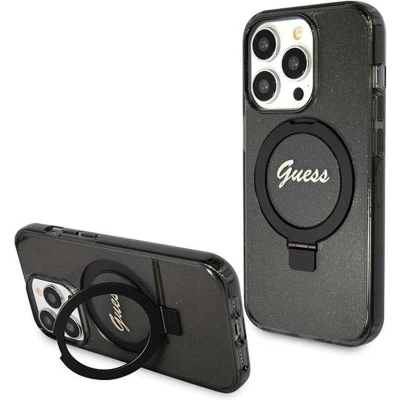 Afbeelding van Guess Ring Stand Script Glitter Back Cover hoesje met MagSafe voor Apple iPhone 13 Pro Zwart