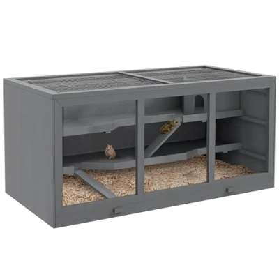 Afbeelding van PawHut Kooi voor dwerghamsters, knaagdieren, kleine dieren, muizen, met trappen, drie etages, grijs, 115 x 57 55 cm