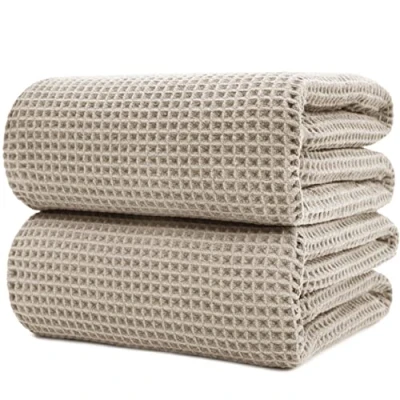 Afbeelding van Polyte Microvezel badhanddoek pluisvrij en sneldrogend wafelstructuur extra groot beige 89 x 178 cm set van 2