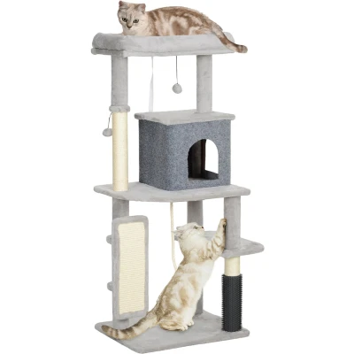Afbeelding van PawHut Kratzbaum 132 cm Katzenbaum mit Katzenhöhle, Spielball, Katzenkratzbaum Sisal Kratzsäulen, für Katzen bis 6 kg, Hellgrau