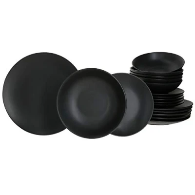 Afbeelding van MamboCat Lampart Nero 18 delige bordenset, zwart, voor 6 personen, in moderne etnische stijl, aardewerk borden, mat eetborden, soepborden, taartborden, delig