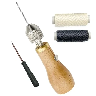Afbeelding van Professionele reparatieset voor leer en zware stoffen met 2 naalden, 1 spoel gewaxt garen