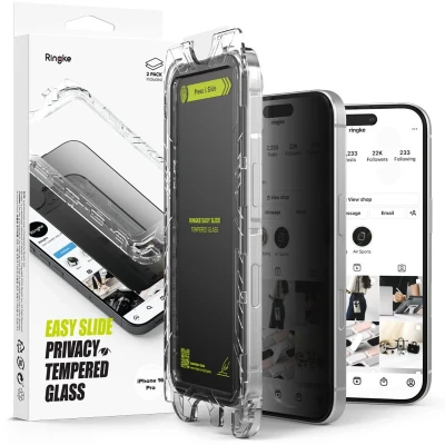 Afbeelding van Ringke Easy Slide Privacy Geschikt voor Apple iPhone 16 Pro Screen Protector met Jig 9H Volledig Dekkend Tempered Glass Case Friendly Anti Spy Gemakkelijke Installatie 2 Pack