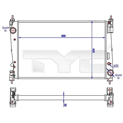 Afbeelding van TYC 725 0042 R Radiateur 620 418 32 Koelribben mechanisch gelast OPEL: Corsa D Hatchback, FIAT: BRAVO 2, Grande Punto Evo Hatchback