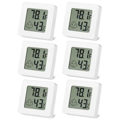 Afbeelding van SOBEAU Set van 6 mini thermometers, hygrometer, binnenthermometer, thermometer, hygrometer voor babykamer, wijnkelder, kantoor, woonkamer, wit