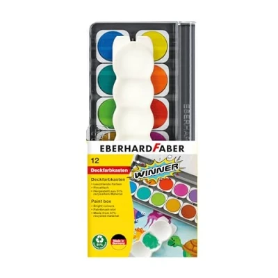 Image de Eberhard Faber Winner 578312 Boîte de peinture avec 12 couleurs vives dans des gamelles remplaçables, blanc opaque et palette mixte, pour l&#039;école, les loisirs
