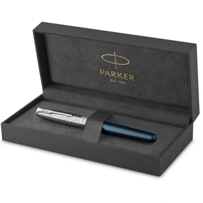 Image de PARKER Sonnet Premium, Stylo plume, Métal &amp; Laque Bleu, Plume fine 18k, encre noire, Coffret cadeau