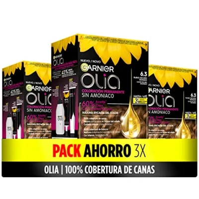 Image de Garnier Olia Lot de 3 colorations permanentes sans ammoniaque pour une odeur agréable aux huiles florales d&#039;origine naturelle, teinte 6.3 blond foncé