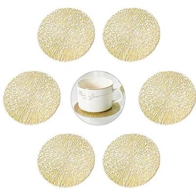 Afbeelding van GLOBALDREAM Set van 6 ronde opengewerkte metalen onderzetters voor koffie, antislip tafeldecoratie pvc (goud, 10 cm)
