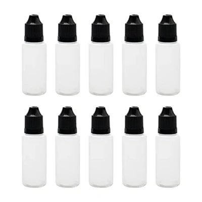 Afbeelding van 10 lege plastic druppelflessen van 20 ml, zwart (fles + dop stop)