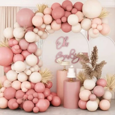 Afbeelding van Roze ballonboogset, retro lichtroze, zacht oranje en zandwit, decoratie voor verjaardag, babyshower, vrijgezellenfeest bruiloft