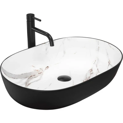 Afbeelding van REA Cleo Opzetwastafel Waskom 60.5 x 41 14 cm Mat Zwart / Aiax Marmerlook