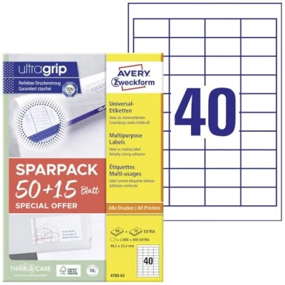 Afbeelding van Avery Zweckform 4780 65 Universele etiketten 48.5 x 25.4 mm Papier Wit vellen Permanent hechtend Inkjet, Laser (zwart/wit), (kleur), Kopiëren
