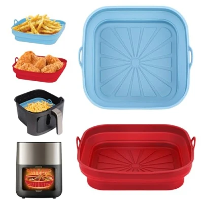 Afbeelding van Alyvisun 2 stuks herbruikbare siliconen voering voor airfryer Opvouwbare keukenaccessoires Multifunctionele vierkante bakmand magnetron, oven, rood + hemelsblauw