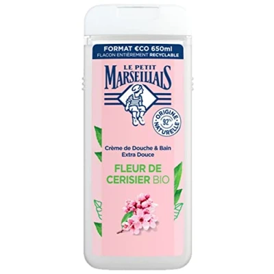Image de Le Petit Marseillais Crème de douche &amp; Bain Extra Douce Fleur Cerisier Bio (flacon 650 ml) Gel avec 92% d&#039;ingrédients d&#039;origine naturelle pH neutre pour la peau et sans colorant