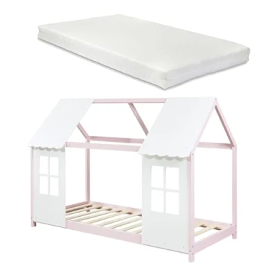 Afbeelding van Kinderbed Tostedt huisbed met matras 90x200 cm roze en wit [en.casa]