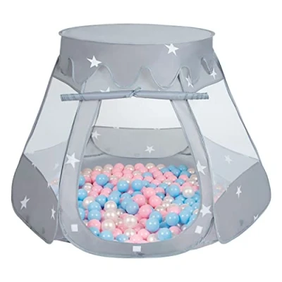 Afbeelding van Selonis Speeltent 105 x 90 cm/100 ballen kasteelhuis verplaatsbare ballenbak met voor kinderen, grijs: babyblauw/poederroze/parel