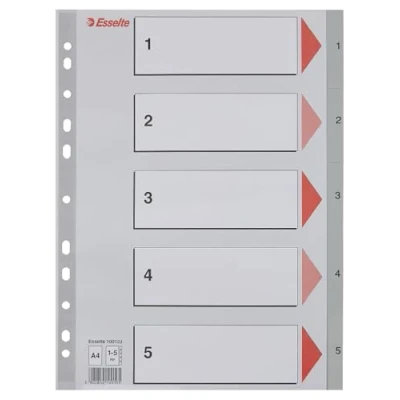 Afbeelding van Esselte register A4 toetsen 1 5, extra groot, grijs, versterkte van robuust kunststof met inhoudsopgave, 100103