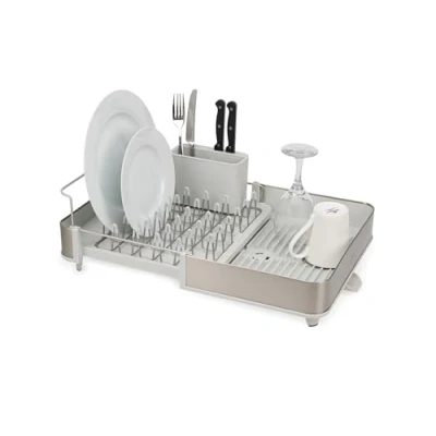 Image de Joseph Extend Steel Séchoir à Vaisselle Extensible avec Compartiment Couverts Amovible, Bec D&#039;Égouttage Pivotant, Acier Inoxydable
