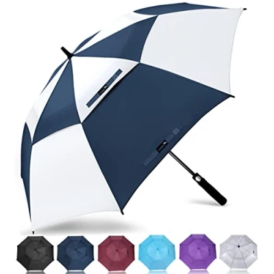 Afbeelding van ZOMAKE Automatische winddichte golfparaplu, 172 cm, extra grote paraplu, XXL, robuust, dubbele luifel, waterdicht, winddicht, paraplu&#039;s voor heren en dames (wit/blauw)