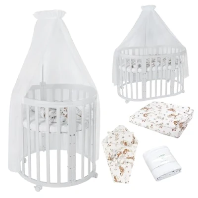 Afbeelding van Waldin OWAL Baby Bed 7in1, Lit à Barreaux avec Matelas, Commode Langer, Évolutif Bébé Ovale Matelas et Roulettes, Bois Blanc, Tissus Animaux Blancs