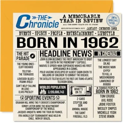 Image de Stuff4 Cartes d&#039;anniversaire de 62e anniversaire pour homme et femme Journal Born In 1962 Carte grand père, mère, vintage rétro en 1962, 145 mm x mm,