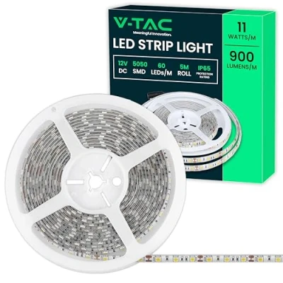 Afbeelding van V TAC IP65 ledstrip voor buiten, waterdicht, 11 W, 5 meter lang, SMD 5050 hoge helderheid, ledstrips, plakstrip en siliconen afdekking, 12 V, 6500 K koud wit licht