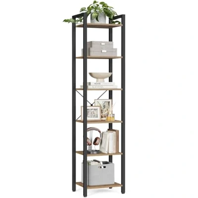 Afbeelding van VASAGLE Plank, boekenkast, staand rek, dvd met 6 niveaus, kantoorplank, open planken, voor kantoor, woonkamer, slaapkamer, keuken, 30 x 40 187,5 cm, donkerwalnoot zwart
