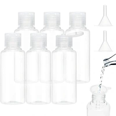 Afbeelding van BillyBath Set van 6 reisflessen om te vullen, 100 ml, met 2 kleine trechters, transparante kunststof, voor douchegel, shampoo, lotion