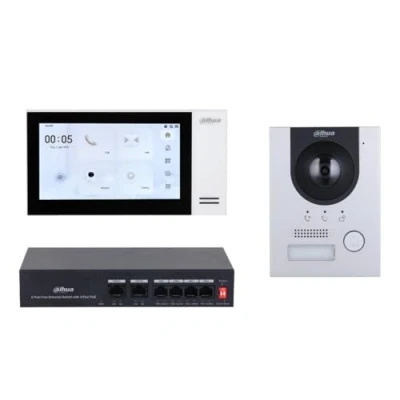 Afbeelding van Dahua KTP01L(F) complete IP video deurbel intercom kit met VTO2201F P en VTH2421FW inclusief PoE switch inbouwbehuizing