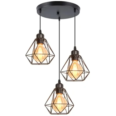 Afbeelding van IDEGU 3 hanglampen, industriële metalen kroonluchter, plafondlamp, geometrische kooisstijl, E27, mini vintage, met cirkelhouder, zwart, Ø 16 cm