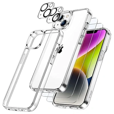 Afbeelding van JETech [3 in 1] beschermhoes voor iPhone 14 6,1 inch, vergeelt niet, met 2 schermbeschermfolies en camera&#039;s aan de achterkant, beschermfolie van gehard glas volledige afdekking, schokbestendig, blauw
