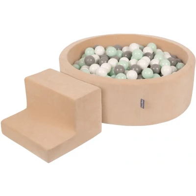 Afbeelding van KiddyMoon Velvet Foam Speeltuin Met Rond Ballenbad (100 Ballen) Kinderballenbakken Speelgoed Obstakelbaan, Zandbeige: Wit/Grijs/Mint