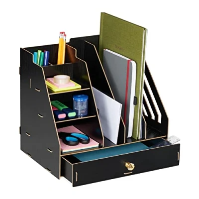 Afbeelding van Relaxdays Bureau organizer, 3 vakken, planken, 2 pennenkokers, 1 lade, kantoor en school, DIY MDF, zwart