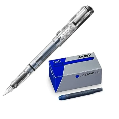 Afbeelding van Lamy 1 x Safari Vista M transparante vulpen en set van 3 T10 inktpatronen in originele doos, inktkleur: blauw