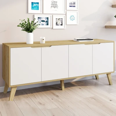 Image de Buffet bas scandinave 140 cm FINN bois façon hêtre 4 portes blanches IDMarket