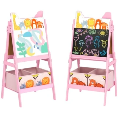 Afbeelding van AIYAPLAY kinderbord, 2 in 1, dubbelzijdig whiteboard en zwart, met opbergdozen, voor kinderen van 3 tot 8 jaar, roze