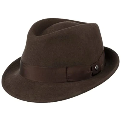 Afbeelding van LIERYS Klassieke Wool Trilby Wolvilten hoed voor dames en heren, waterdichte outdoorhoed, opvouwbare regenhoed (kreuk), vilten Fedora zomer/winter, Bruin