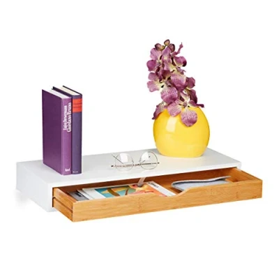 Afbeelding van Relaxdays wandplank met lade zwevende bamboe wandrek wit wandschap