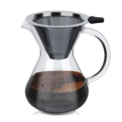 Afbeelding van 400ml Pour Over Coffee Maker, Zuiger Koffiepotten Handmatige Koffiezetapparaat Glazen met Roestvrijstalen Filter en Schaal