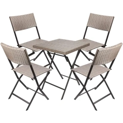 Afbeelding van BRUBAKER Toscane Balkonset met tafel en 4 stoelen, weerbestendig, opvouwbaar ruimtebesparend, van polyrotan, voor balkon, terras, tuin, bistro klapstoelen, grijs