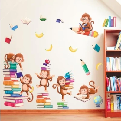 Afbeelding van DECOWALL SG2 2402 Muursticker voor kinderkamer aap en boeken lezen, muursticker, babykamer, slaapkamer, woonkamer, klaslokaal, kinderkamerdecoratie, babykamer