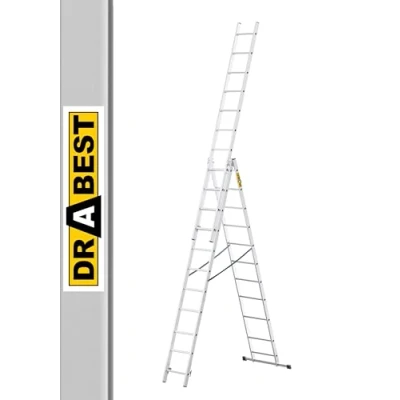 Afbeelding van DRABEST Home Aluminium ladder 3 x 11 treden Max. 5,64 m lang Maximale werkhoogte 6,55 Tot 150 kg stuks Multifunctioneel, staand, uitschuifbaar Inklapbaar
